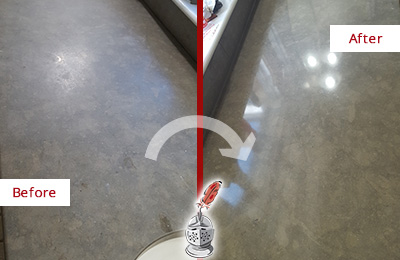 Before and After Picture of a Dull Palencia Limestone Countertop Polished to Recover Its Color