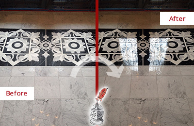 Before and After Picture of a Switzerland Marble Stone Floor Polished to a Mirror Shine