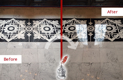Sir Grout Polishes this Callahan Marble Stone Floor to a Mirror Shine Before and After Picture of a Callahan Marble Stone Floor Polished to a Mirror Shine