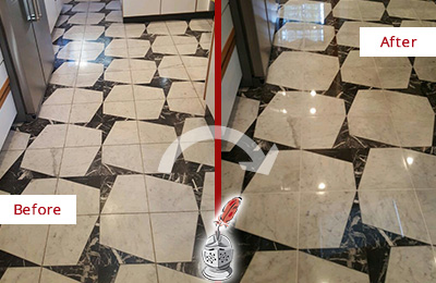 Sir Grout Polishes this Dull Callahan Marble Stone Floor To Recover Its Luster Before and After Picture of a Dull Callahan Marble Stone Floor Polished To Recover Its Luster
