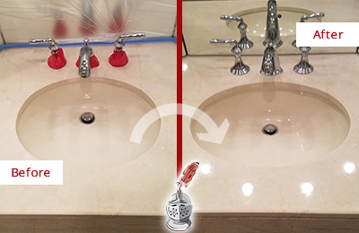 Sir Grout Polishes this Dull Callahan Marble Stone Vanity Top to Bring-Back Its Sheen Before and After Picture of a Dull Callahan Marble Stone Vanity Top Polished to Bring-Back Its Sheen