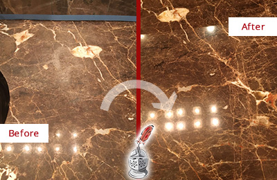 Before and After Picture of a Palm Valley Marble Stone Countertop Polished to Eliminate Stains