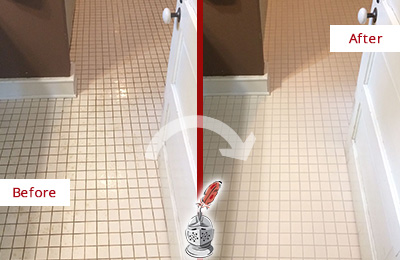 Before and After Picture of a Palencia Bathroom Floor Sealed to Protect Against Liquids and Foot Traffic