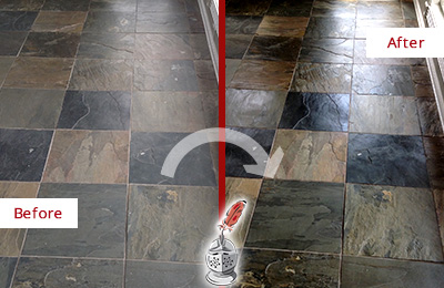 Sir Grout Seals this Dull St. Augustine Beach Slate Floor to Bring Back Its Colors Before and After Picture of a Dull St. Augustine Beach Slate Floor Sealed to Bring Back Its Colors
