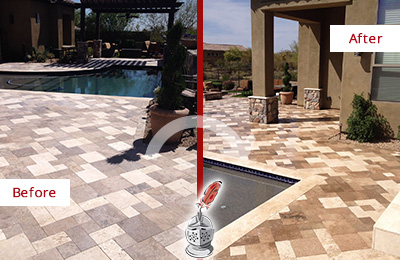 Sir Grout Seals this Faded St. Augustine Beach Travertine Pool Deck For Extra Protection Before and After Picture of a Faded St. Augustine Beach Travertine Pool Deck Sealed For Extra Protection