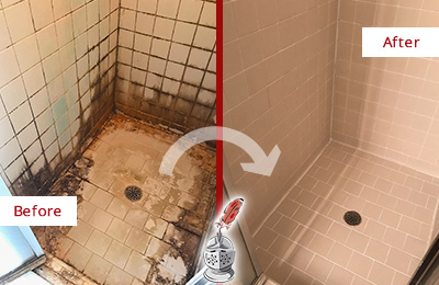Sir Grout Seals this St. Augustine Beach Shower to Fix and Prevent Water Damage Before and After Picture of a St. Augustine Beach Shower Sealed to Fix and Prevent Water Damage
