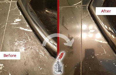 Before and After Picture of a Callahan Marble Countertop Cleaned to Remove Deep Dirt