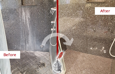 Sir Grout Cleans this Palm Valley Granite Shower to Remove Mineral Deposits Before and After Picture of a Palm Valley Granite Shower Cleaned to Remove Mineral Deposits
