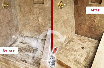 Sir Grout Cleans this Palm Valley Travertine Shower to Eliminate Water Spots Before and After Picture of a Palm Valley Travertine Shower Cleaned to Eliminate Water Spots