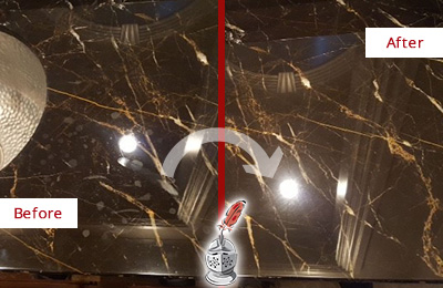 Before and After Picture of a Fruit Cove Marble Countertop Cleaned to Remove Water Spots