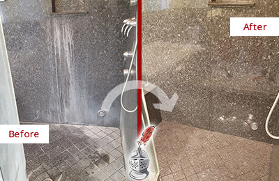 Before and After Picture of a Switzerland Granite Shower Stone Sealed to Avoid Mineral Deposits