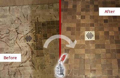 Before and After Picture of a Switzerland Marble Shower Honed to Remove Etching