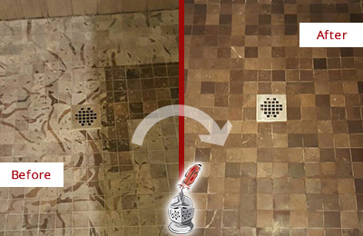 Sir Grout Hones this St. Johns Marble Shower to Remove Etching Before and After Picture of a St. Johns Marble Shower Honed to Remove Etching