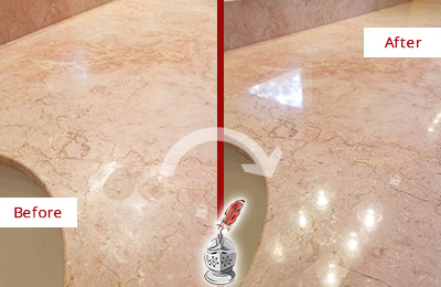 Sir Grout Hones this St. Johns Marble Vanity Top to Eliminate Water Spots Before and After Picture of a St. Johns Marble Vanity Top Honed to Eliminate Water Spots