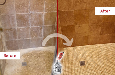 Before and After Picture of a Palm Valley Travertine Shower Honed to Remove Mineral Deposits