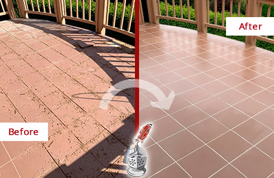 Before and After Picture of a Duval Hard Surface Restoration Service on a Tiled Deck