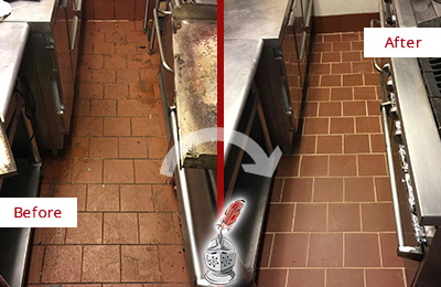 Before and After Picture of a Baldwin Hard Surface Restoration Service on a Restaurant Kitchen Floor to Eliminate Soil and Grease Build-Up