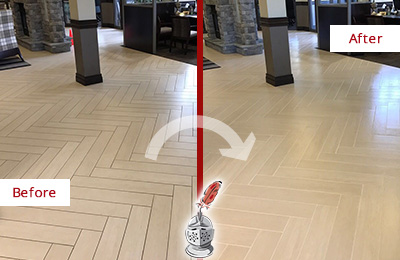 Sir Grout Cleans the Grout on this Fernandina Beach Lobby Floor Before and After Picture of a Fernandina Beach Lobby Floor Cleaned to Even the Grout Color