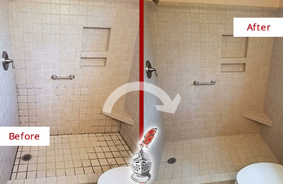 Before and After Picture of a St. Johns Shower Grout Cleaned to Remove Mold
