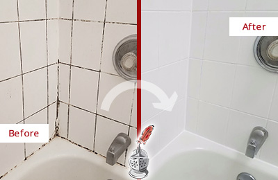 Sir Grout Cleans the Grout on this Moldy Fernandina Beach Tub Before and After Picture of a Fernandina Beach Tub Grout Cleaned to Eliminate Mold