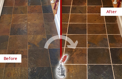 Sir Grout Cleans the Grout on this Fernandina Beach Slate Floor Before and After Picture of Fernandina Beach Slate Floor Grout Cleaned to Remove Dirt