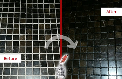 Sir Grout Recolored the Grout of this Amelia City Black Tile Floor Before and After Picture of a Amelia City Black Floor with Recolored Grout