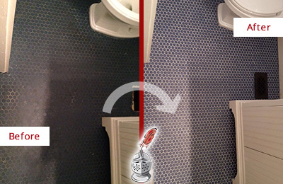 Sir Grout Recolors the Grout on this Amelia City Blue Tile Floor Before and After Picture of a Amelia City Blue Tile Floor Recolored Grout
