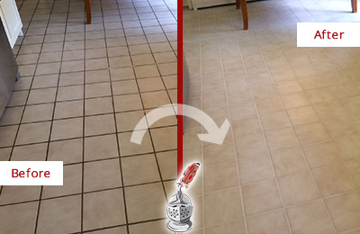 Sir Grout Recolors this Amelia City Kitchen Tile Floor's Grout Before and After Picture of a Amelia City Kitchen Tile Floor with Recolored Grout