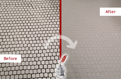Sir Grout Recolors the Grout of this Amelia City White Mosaic Tile Before and After Picture of a Amelia City White Mosaic Tile Recolored Grout