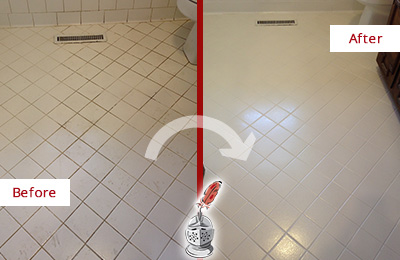 Before and After Picture of a Switzerland White Bathroom Floor Grout Sealed for Extra Protection