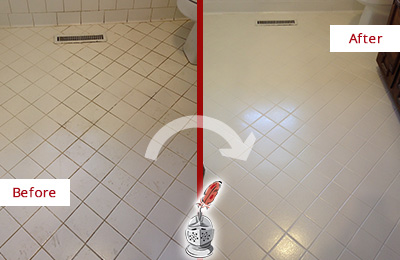 Sir Grout Seals the Grout of this Green Cove Springs White Bathroom Floor for Extra Protection Before and After Picture of a Green Cove Springs White Bathroom Floor Grout Sealed for Extra Protection