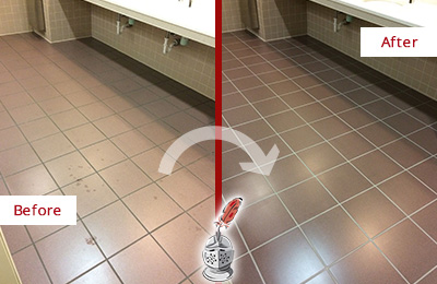 Sir Grout Seals the Grout on this Green Cove Springs Office Restroom to Refresh Its Look Before and After Picture of Dirty Green Cove Springs Office Restroom with Sealed Grout
