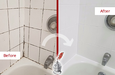 Before and After Picture of a Palencia Tub with Sealed Grout to Eliminate Mold
