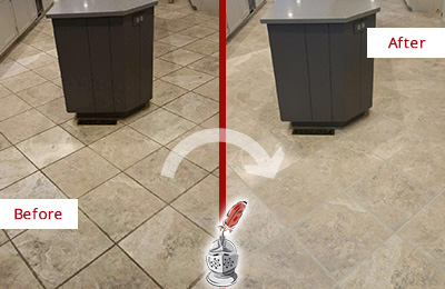 Sir Grout Seals this Stained Green Cove Springs Kitchen Floor Grout to Remove Stains Before and After Picture of a Green Cove Springs Kitchen Floor Grout Sealed to Remove Stains