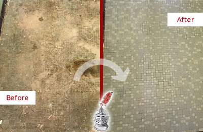 Sir Grout Cleans this Middleburg Mosaic Shower Cleaned to Eliminate Embedded Dirt Before and After Picture of a Middleburg Mosaic Shower Cleaned to Eliminate Embedded Dirt